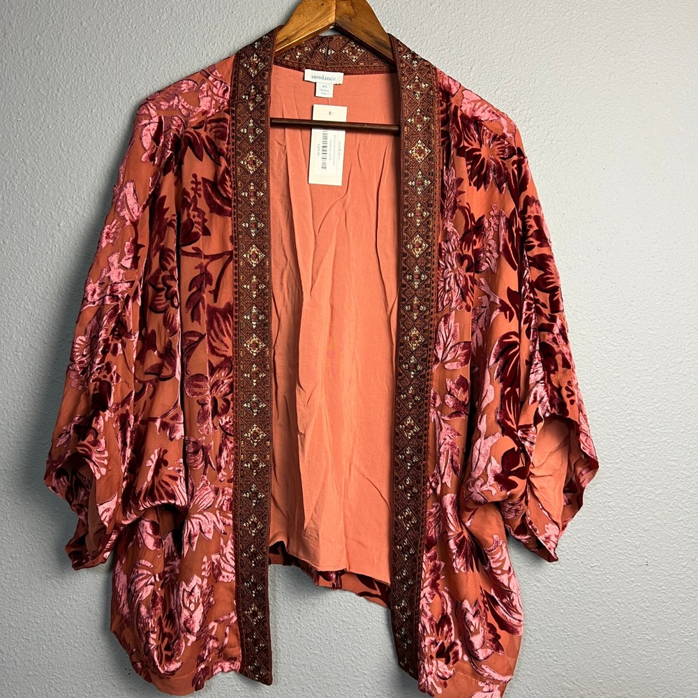 Sundance Kendra Kimono Jacket XS Floral Velvet Boho Embroidered Trim Coral Silk